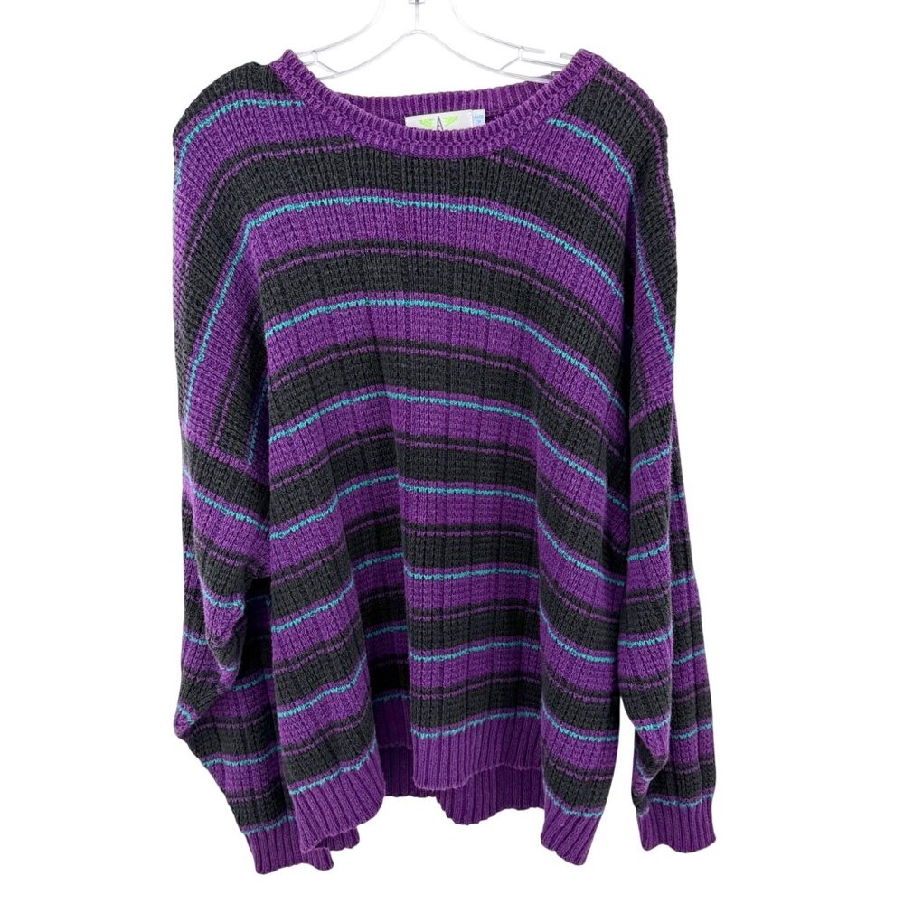 VINTAGE 90'S AMERICAN WEEKEND PURPLE TURQUOISE STRIPED MEN'S CREWNECK SWEATER XL